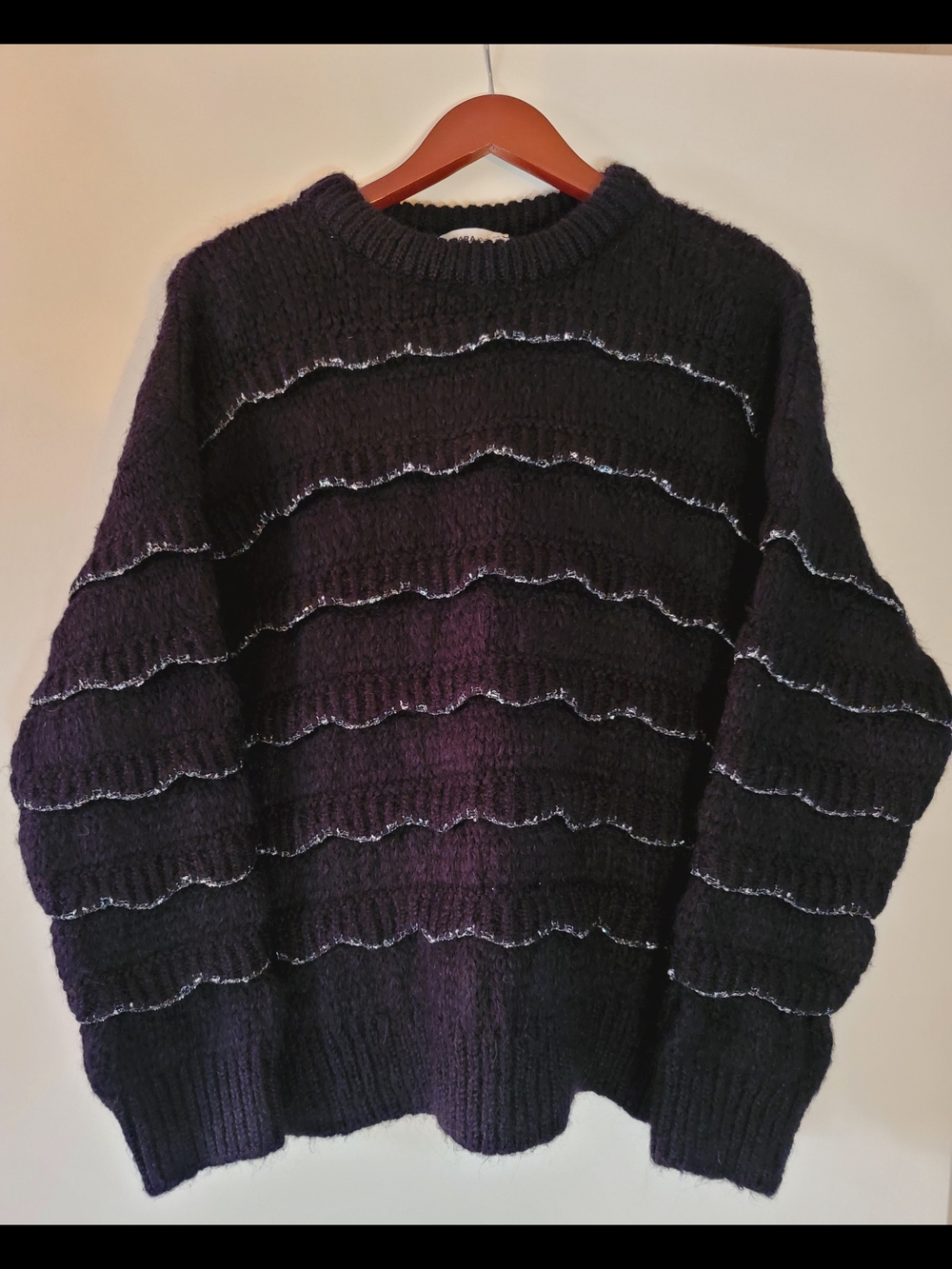 Zara Black Crewneck Sweater with Silver Accent Stripes